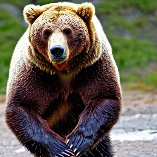 Image similar to a ferocious grizzly bear. The bear is wearing shorts on his legs!