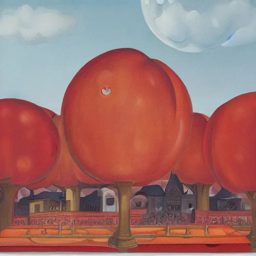 Image similar to giant floating peach, brussels, rene magritte