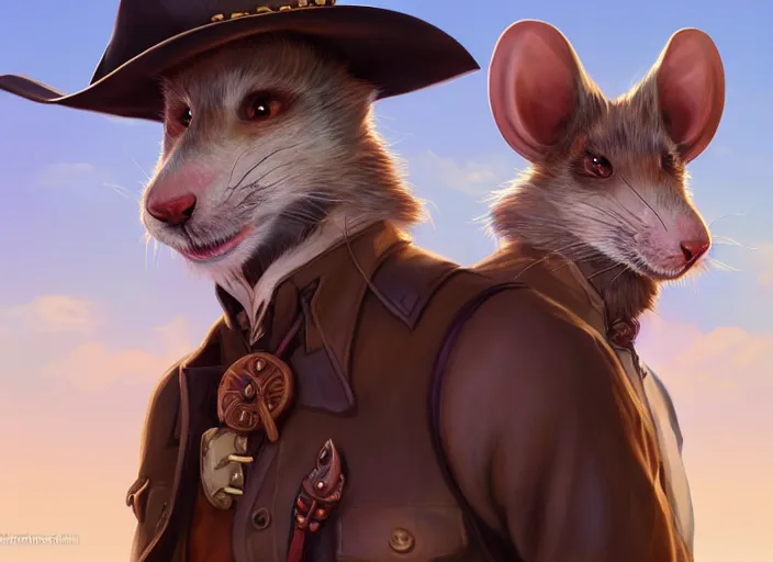 Image similar to character portrait feature of the anthro male anthropomorphic rat fursona wearing cowboy outfit wild west desperado character design stylized by charlie bowater, ross tran, artgerm, makoto shinkai, detailed, soft lighting, rendered in octane