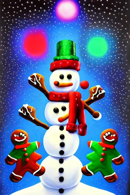 Image similar to a hyperrealistic painting of a 3 d christmas nightmare isometric gingerbread man vs snowman boss fight, cinematic horror by chris cunningham, lisa frank, richard corben, highly detailed, vivid color,