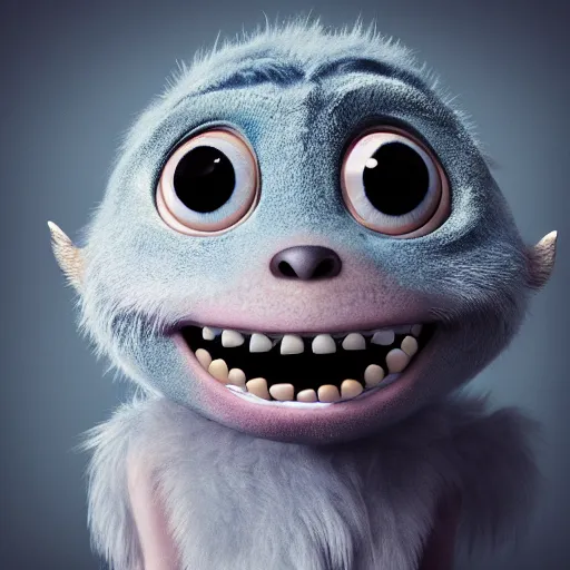 Image similar to a cute little monster with long fur, portrait, pixar style, clouds background, cinematic lighting, award winning creature portrait photography