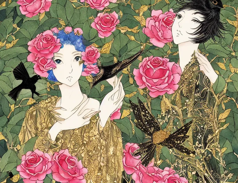 Prompt: faerie blackbird in a rose garden of the palace. this watercolor and gold leaf work by the award - winning mangaka has a beautiful composition and intricate details.