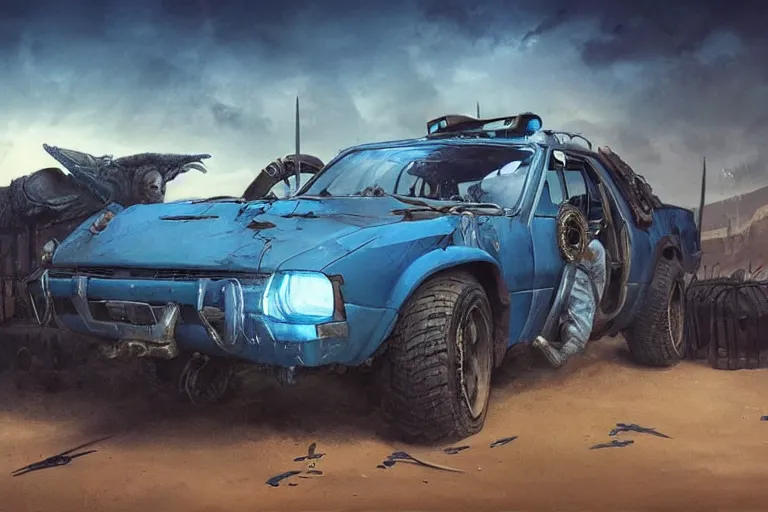 Image similar to a Dacia 1310, in Mad Max style, coriolios rpg art style, full of details, dark sci-fi, cold blue colors, matte painting, artstation, 8k, hyperrealistic, style of peter mohrbacher