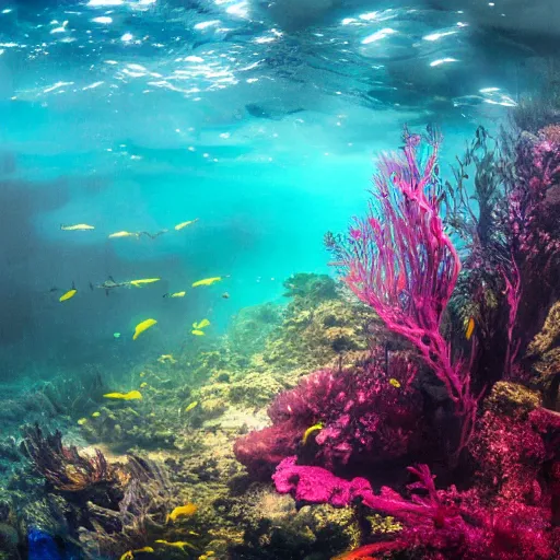 Image similar to Photograph of a gigantic city underwater, photo-realistic, colorful, seaweed, dark, smog, complex,