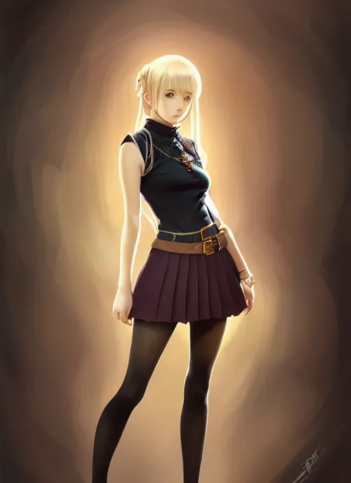 Image similar to portrait of a full body of beautiful young female detective, d & d, sleeveless turtleneck, pleated skirt, fantasy, flat lighting, intricate, highly detailed, digital painting, artstation, concept art, smooth, sharp focus, illustration, misa amane, art by simon bisley and greg rutkowski and alphonse mucha, natural tpose