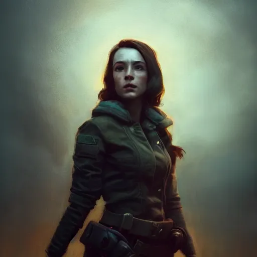 Image similar to fallout 5, charismatic brunette female protagonist, portrait, atmospheric lighting, painted, intricate, volumetric lighting, beautiful, daytime, sunny weather, slight overcast, sharp focus, deep colours, ultra detailed, by leesha hannigan, ross tran, thierry doizon, kai carpenter, ignacio fernandez rios