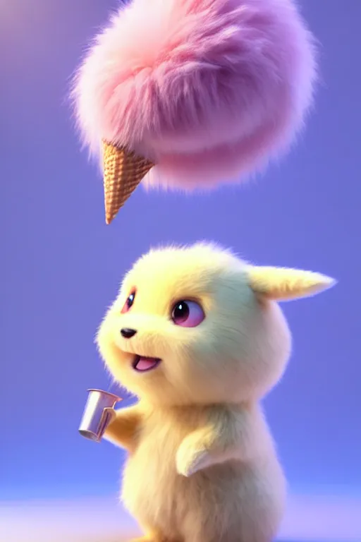 Image similar to high quality 3 d render hyperrealist very cute pastel fluffy! anthropomorphic westie eating giant ice cream full body, vray smooth, in the style of detective pikachu, hannah yata charlie immer, very dramatic pink light, low angle, uhd 8 k, shallow depth or field