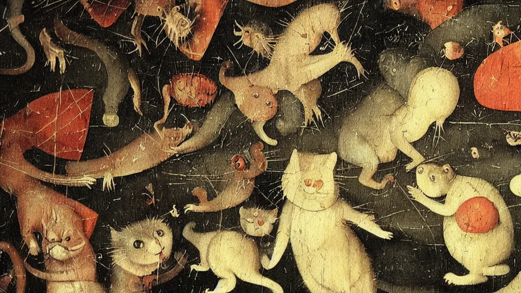 Image similar to detail of a painting by “ hieronymus bosch ” of a closeup view of the monstrous and horrifying “ garfield ” the cat tormenting and teasing sinners in “ the garden of earthly delights ” with odie and nermal.