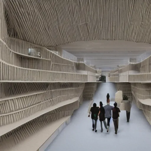 Image similar to indoor photo of a complex brutalist citadel made of 3 d printed rammed earth, people walking