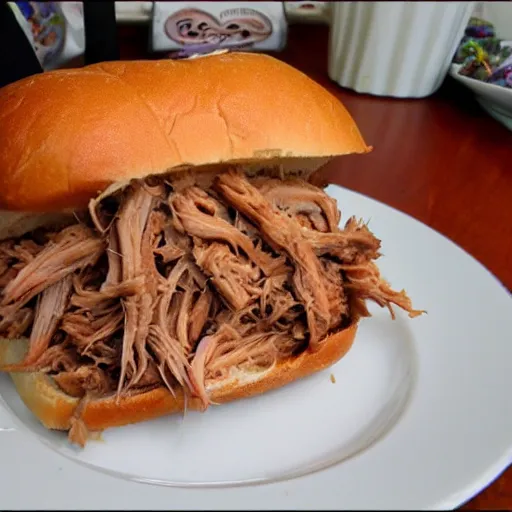 Image similar to pulled pork sandwich in the style of joe fenton