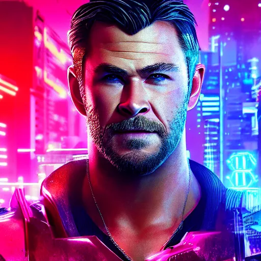 Image similar to chris hemsworth portrait, cyberpunk 2 0 7 7, cyberpunk, photorealistic, ultra detailed, neon, octane, bokeh, cinematic lighting, cyber, cyberpunk city, studio quality, feature, scars, cyberface, 8 k