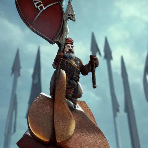 Prompt: dwarven smith riding on top of a sword like a broomstick, soaring, quidditch, 8 k, cinematic, octane render, energetic