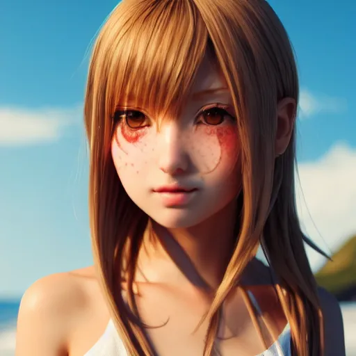 Prompt: Render of a very beautiful anime girl, long hair, hazel eyes, cute freckles, full round face, short smile, cute sundress, golden hour, serene beach setting, medium shot, mid-shot, highly detailed, trending on Artstation, Unreal Engine 4k