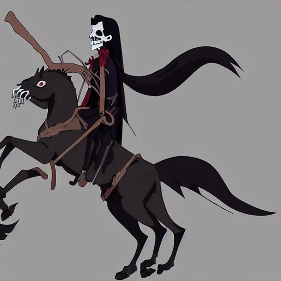 Prompt: long black hair vampire lord riding a skeletal horse, handsome, animation, studio ghibli