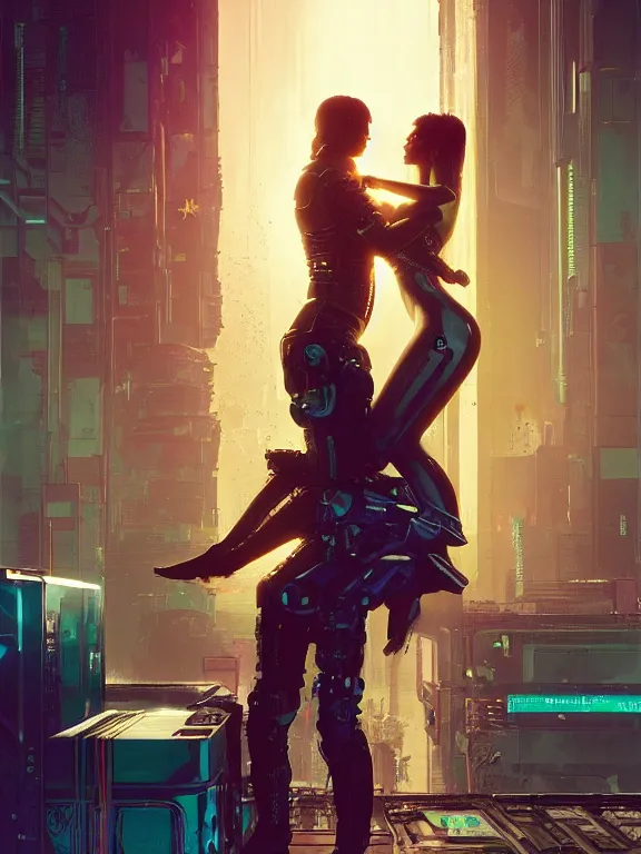 Image similar to a cyberpunk 2077 couple portrait of Keanu Reeves&female android in final kiss,love,film lighting,by Laurie Greasley,Lawrence Alma-Tadema,Dan Mumford,artstation,deviantart,FAN ART,full of color,Digital painting,face enhance,highly detailed,8K,octane,golden ratio,cinematic lighting