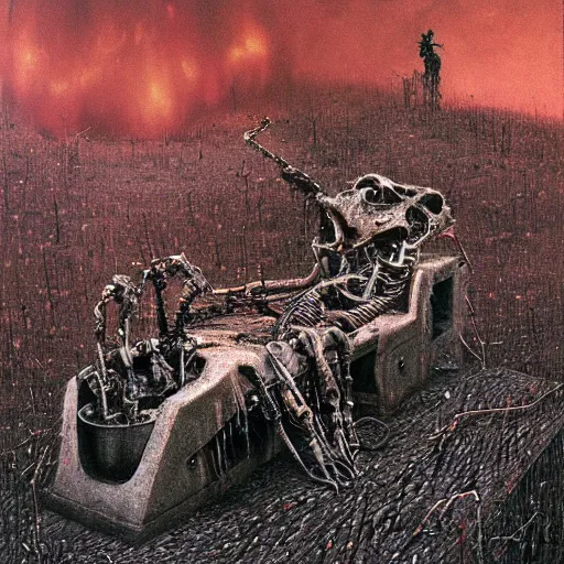 Prompt: terminator endoskeleton graveyard on fire by beksinski