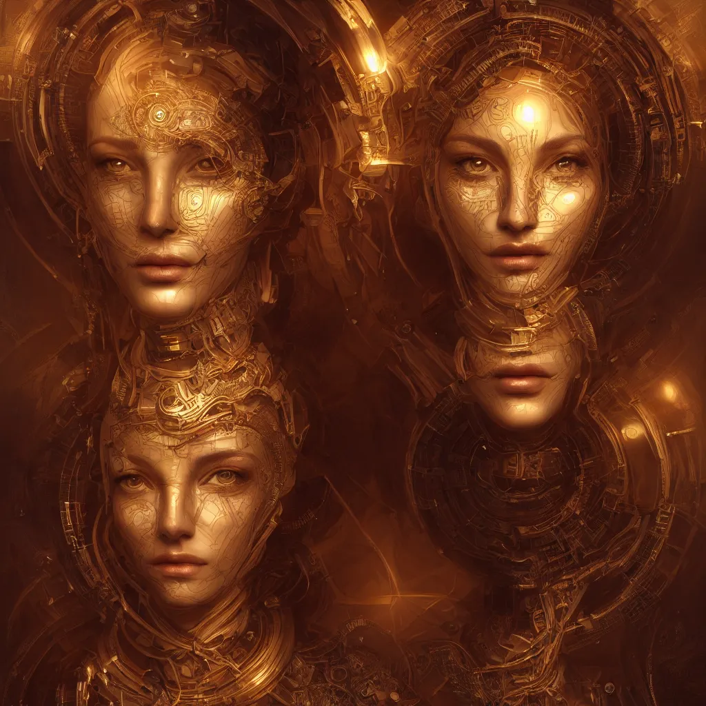 Image similar to face portrait android woman time machine beautiful symmetrical face axonometric mechanical fantasy intricate elegant highly detailed in volumetric void of latent space, golden steampunk, high contrast cinematic light, mystical shadows, digital painting, smooth, sharp focus, divine realm of gods, octane render, photographic, concept art, artist leonardo davinci, unreal engine 8 k