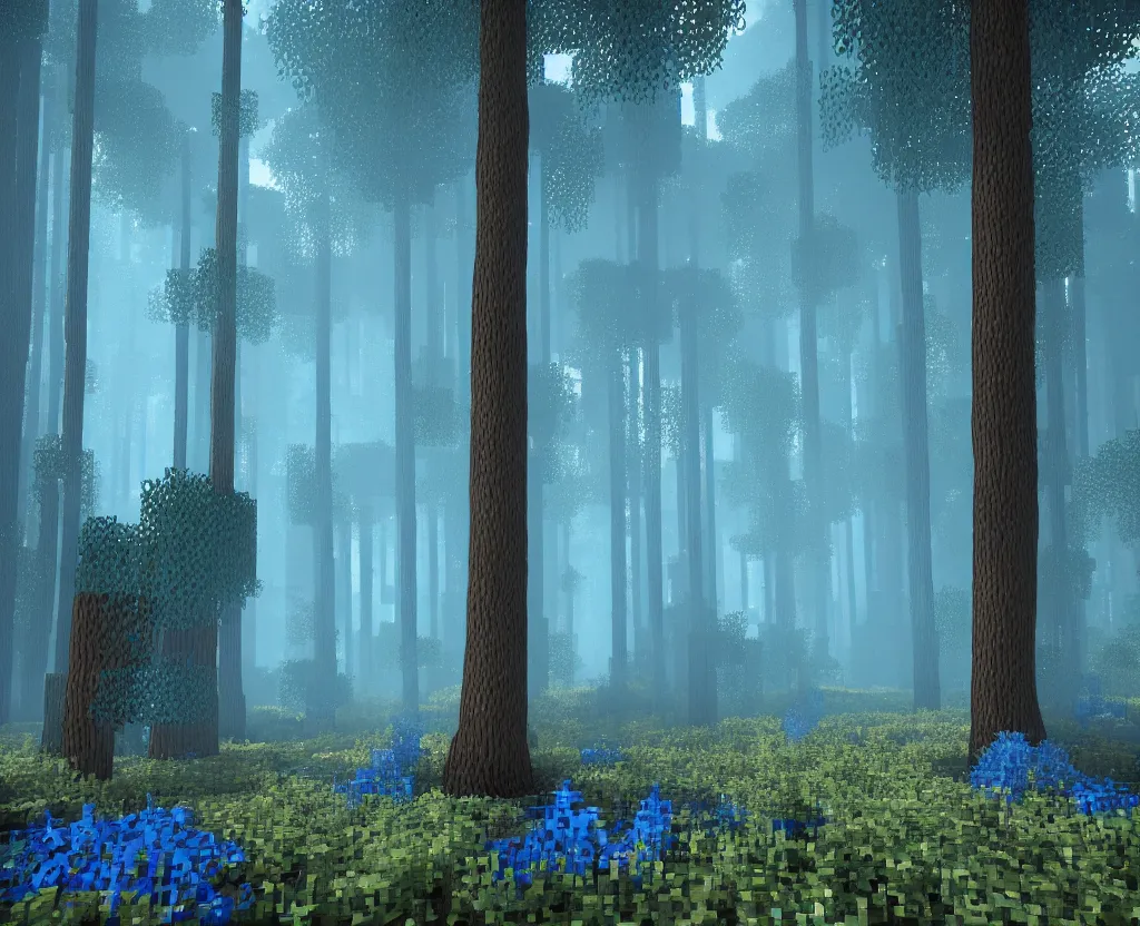 Image similar to blue forest, glowing, minecraft screenshot, raytracing, shader, digital art, highly detailed, artstation, octane render