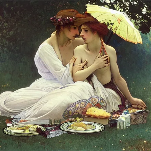 Image similar to a Taxi-Cab-Lunch-Picnic, spread-across-the-hood, romantic luncheon art by alphonse mucha and Monia Merlo and Raymond Swanland
