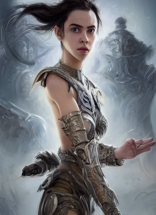 Image similar to a professional portrait of a beautiful young female, clothed in ethereal battle armor, olive skin, long dark hair, beautiful bone structure, symmetrical facial features, intricate, elegant, digital painting, concept art, smooth, sharp focus, finely detailed, illustration, from Valerian and the City of a Thousand Planets, in the style of Ruan Jia and Mandy Jurgens and Artgerm and Greg Rutkowski and William-Adolphe Bouguerea