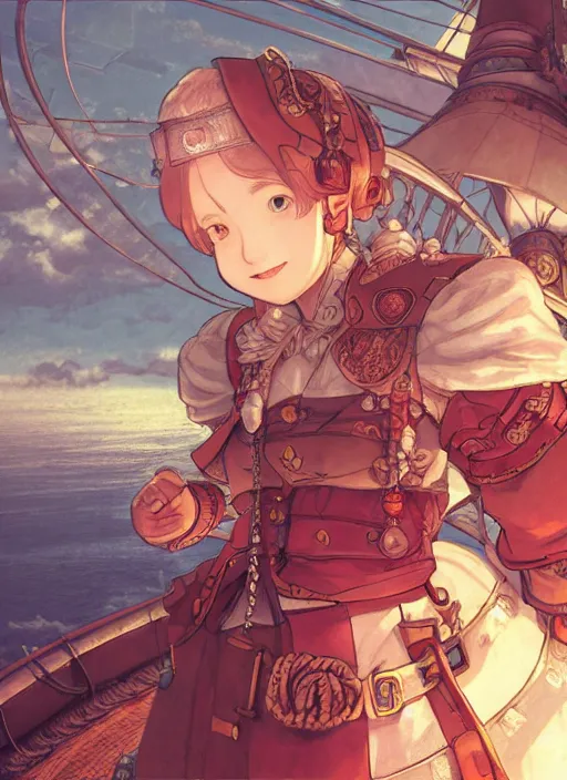 Prompt: character portrait of the pearl herald on an airship, hidari, color page, tankoban, 4K, tone mapping, Akihiko Yoshida.