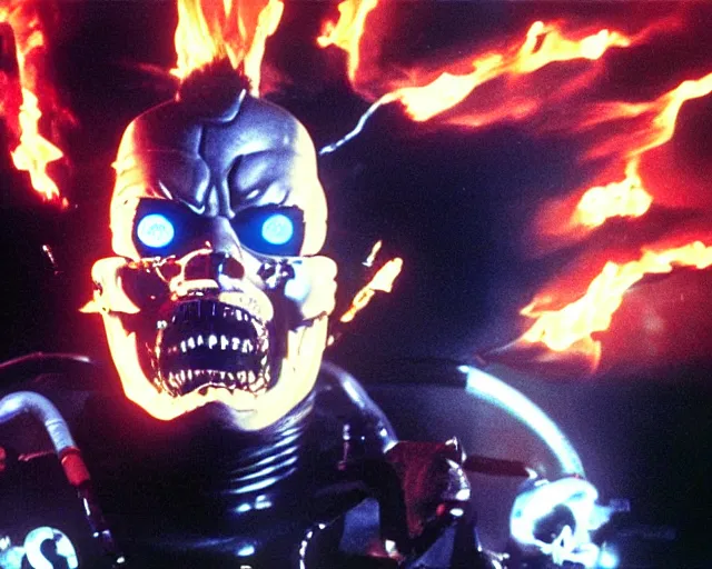 Image similar to Jack Nicholson plays Terminator Pikachu cyborg hybrid wearing leather jacket and his endoskeleton is visible his eye glows red, walking out of flames