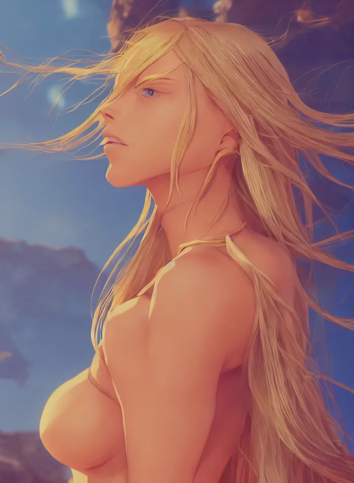 Image similar to beautiful blond woman in orange tribal bikini, long blond hair behind the ear, by makoto shinkai, ross tran, 8 k, high resolution render, cinematic color grading, clean lineart and flat color,