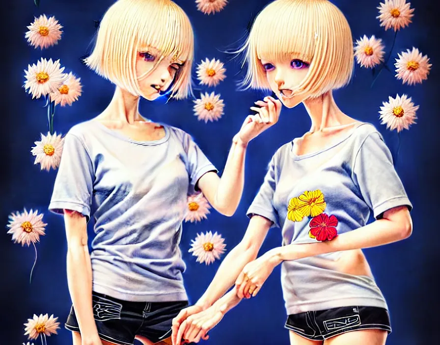 Image similar to richly detailed colored pencil 3D illustration of a beautiful French woman with short bleached blonde hair wearing a long Tshirt and black shorts that is sewing thread drawings of flowers into her thigh. mirrored background with completely rendered reflections, art by Range Murata and Artgerm.