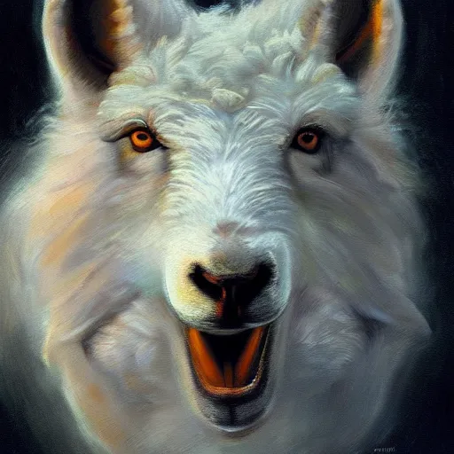 Image similar to sheep wolf head, oil painting, front view, artstation, dramatic lighting, symmetry, beautiful