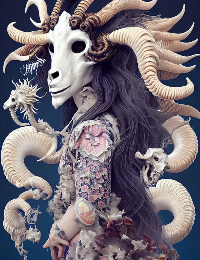 Image similar to 3 d goddess goat skull half - turn portrait with long hair with ram skull. beautiful intricately detailed japanese crow kitsune mask and clasical japanese kimono. betta fish, jellyfish phoenix, bio luminescent, plasma, ice, water, wind, creature, artwork by tooth wu and wlop and beeple and greg rutkowski