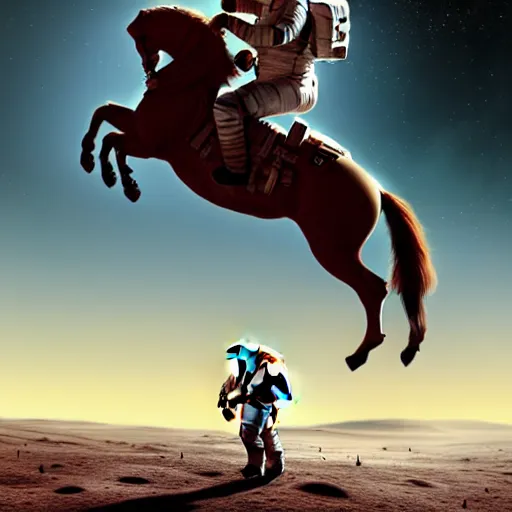 Prompt: centered portrait of the Astronaut riding a Horse on the moon, realistic character concept, high fantasy, light atmosphere, golden ratio, wide shot, cinematic lighting, hyperdetailed, high detailed, high resolution, insanely detailed and intricate, artstation, Marc Simonetti, Greg Rutkowski, octane render, unreal engine, 8k