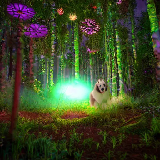 Image similar to flower alaskan malamute playing in a bioluminescent forest at dusk, octane render, unreal engine, colorful, beautiful