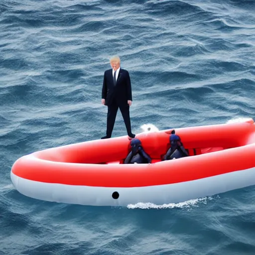 Image similar to donald trump flying in an inflatable boat, trending on artstation hq, taken by canon r 6, photorealistic