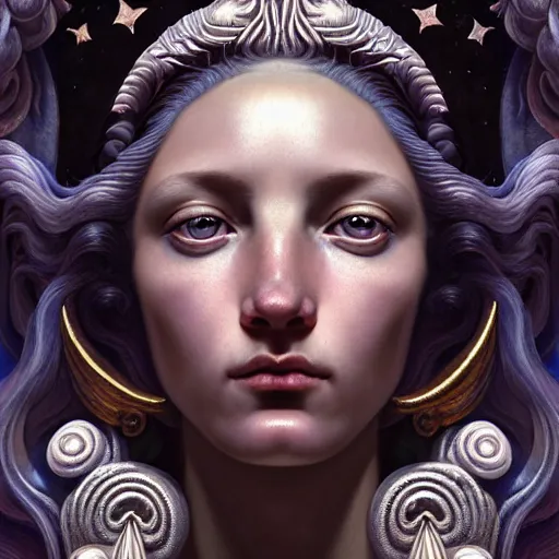 Prompt: a baroque neoclassicist closeup renaissance portrait of the moon goddess with stars in her hair, reflective detailed textures, dark fantasy science fiction painting by diego rivera and jean delville and sam spratt and ruan jia and nicholas roerich, dramatic lighting, gleaming silver and soft muted colors, floral tattoos, artstation, octane render