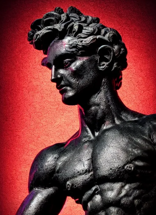 Image similar to dark design poster showing a muscular greco roman statue, black background with very subtle red and purple design elements, powerful, nekro, vito acconci, thin straight lines, dark, glitch art, neo vaporwave, gritty, layout frame, square, trending on artstation