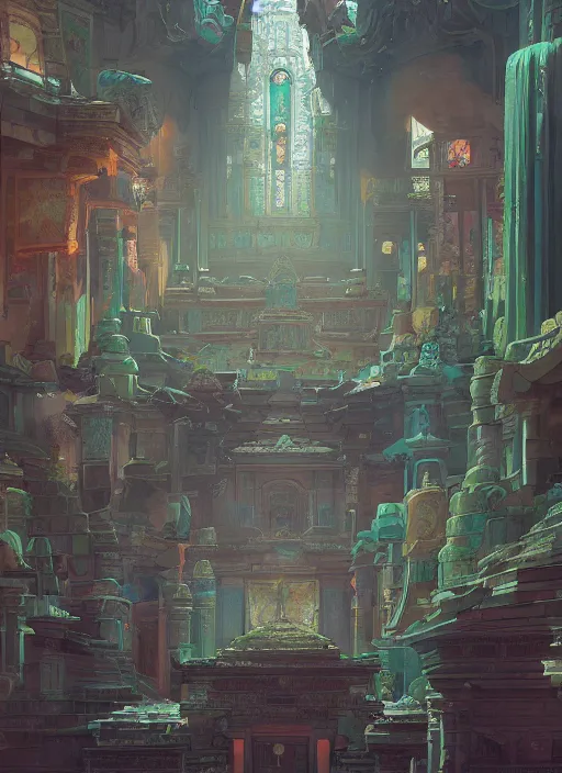Image similar to a detailed matte painting of a temple interior, broken tiles, broken windows, digital art, immaculate scale, trending on artstation, peter mohrbacher