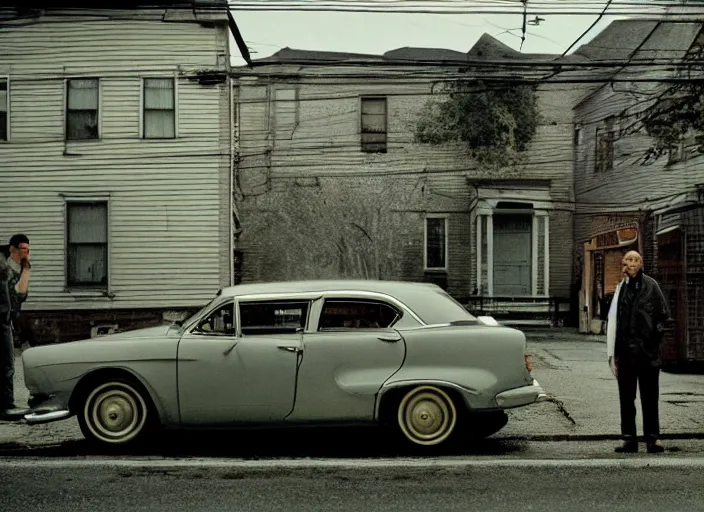 Image similar to a man standing next to a car on a city street, an album cover by Gregory Crewdson, featured on cg society, american realism, movie still, movie poster, criterion collection