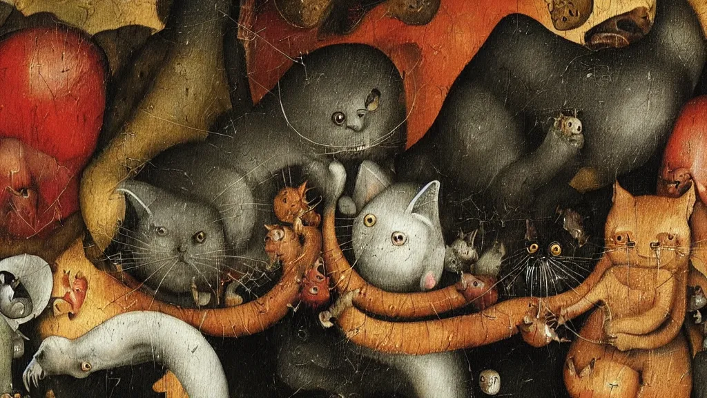 Image similar to detail of a painting by “ hieronymus bosch ” of a closeup view of the monstrous and horrifying “ garfield ” the cat tormenting and teasing sinners in “ the garden of earthly delights ” with odie and nermal.