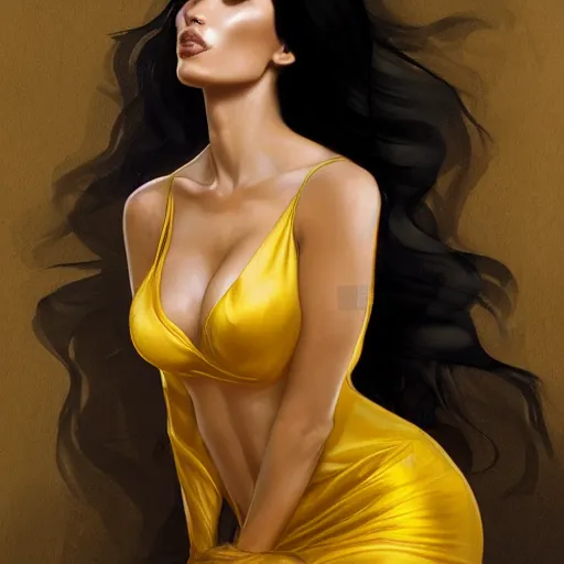 Prompt: portrait of megan fox with bright red eyes, wearing a vail and a tight yellow silk dress, sultry body with sexy belly, fantasy, intricate, elegant, highly detailed, digital painting, artstation, concept art, matte, sharp focus, illustration, art by aenaluck and roberto ferri and greg rutkowski, epic fantasy, digital painting