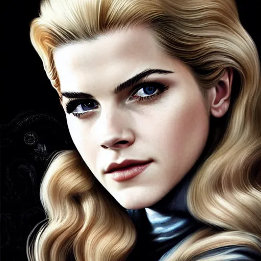 Image similar to A combination of Katheryn Winnick's and Grace Kelly's and Emma Watson's faces with blonde hair as Solid Snake from Metal Gear Solid, western, D&D, fantasy, intricate, elegant, highly detailed, digital painting, artstation, concept art, matte, sharp focus, illustration, art by Artgerm and Greg Rutkowski and Alphonse Mucha