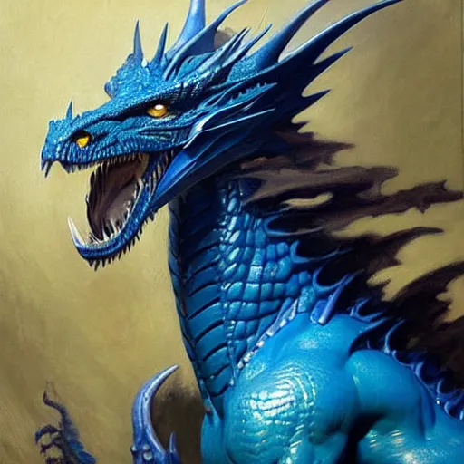 Image similar to a portrait of an anthromorphic blue dragon. highly detailed painting by gaston bussiere, craig mullins, j. c. leyendecker, furry