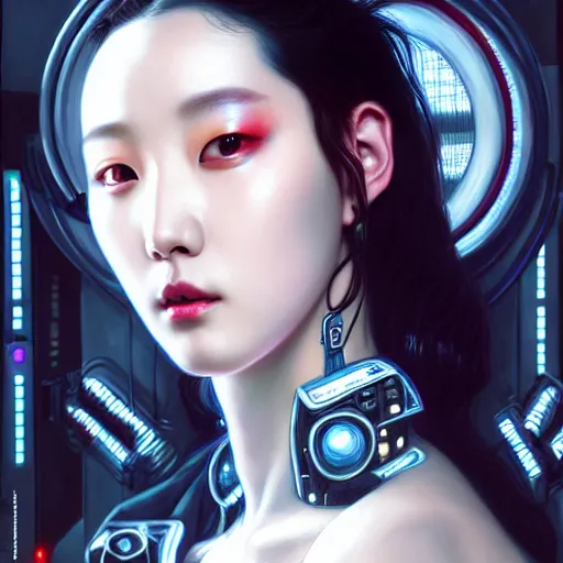 Prompt: portrait painting of sunmi as a cyberpunk technician, k - pop, ultra realistic, concept art, intricate details, eerie, highly detailed, photorealistic, octane render, 8 k, unreal engine. art by artgerm and greg rutkowski and magali villeneuve and alphonse mucha