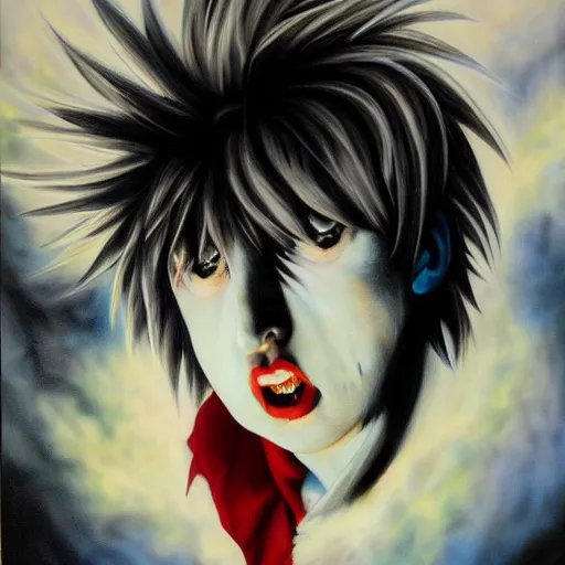 Image similar to detailed portrait of emo donald trump anime death note intricate, hyper detailed, realistic, oil painting, by julie bell, frank frazetta, cinematic lighting