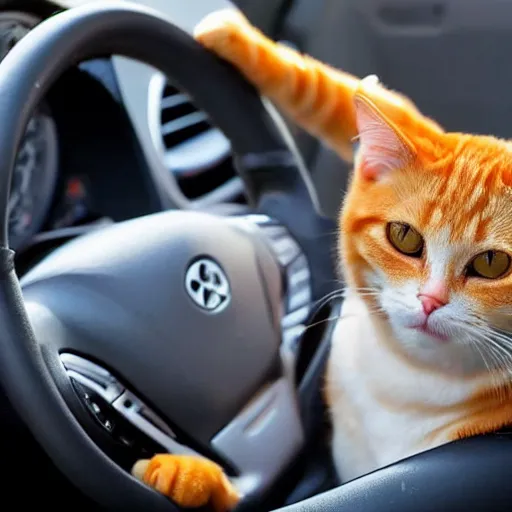 Image similar to an orange tabby cat driving a car like a human