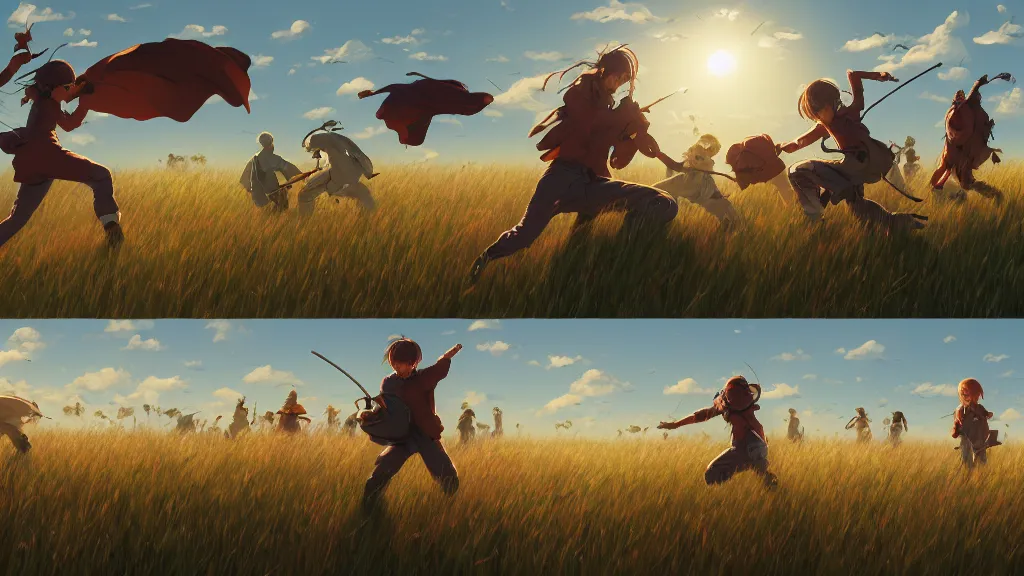 Image similar to highly detailed comic spread combination of art styles depicting an impactful action scene on open meadow clear sky at noon with expert design fictional characters, dynamic art by sakimi, bright colors, moebius, makoto shinkai, murata, james jean, craig mullins, digital painting, masterpiece, best selling, pixiv, volumetric lighting, realistic shaded lighting, 8 k