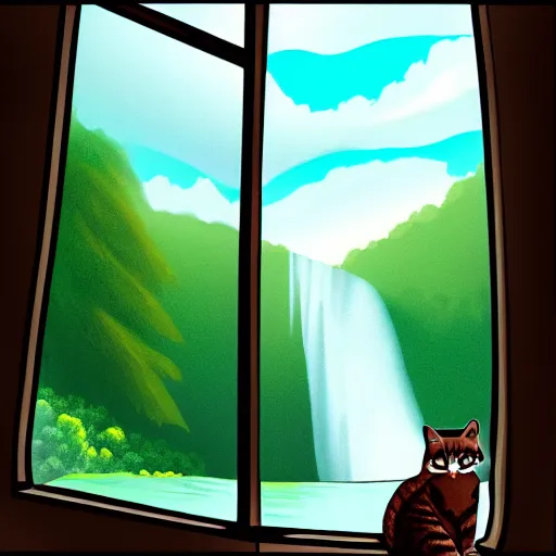 Image similar to a beautiful landscape including a waterfall and a forest through a window, cat sitting on the edge of the window, illustration, digital art, trending on artstation, no signature