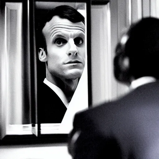 Image similar to Emmanuel Macron reflections in the mirror in American Psycho (1999)