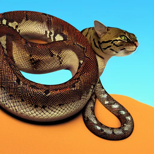 Image similar to a snake cat in the desert wild nature HD photo superrealism 3d 8k resolution