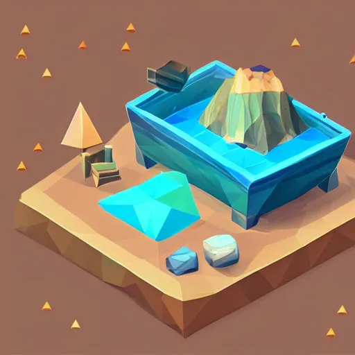 Image similar to boat in the dessert filled with gems, game concept, low poly, isometric