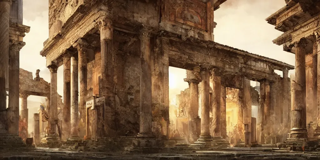 Prompt: A digital intricate illustration concept art of massive city of Pompeii, stunning massive ornately ancient roman inspired art by Renato muccillo and Andreas Rocha and Johanna Rupprecht + symmetry + natural volumetric lighting, realistic 4k octane beautifully detailed render, 4k post-processing, highly detailed, intricate complexity, epic composition, magical atmosphere, cinematic lighting + masterpiece, trending on artstation